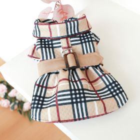 Pet Dress; Plaid Dog Dress With Belt; Winter Cat Dress Pet Clothes For Small Medium Dogs & Cats (Color: Dark Khaki)