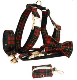 Christmas Pet Collar Plaid With Green Background Dog Rope Leash Suit (Option: Set Of Five-M)